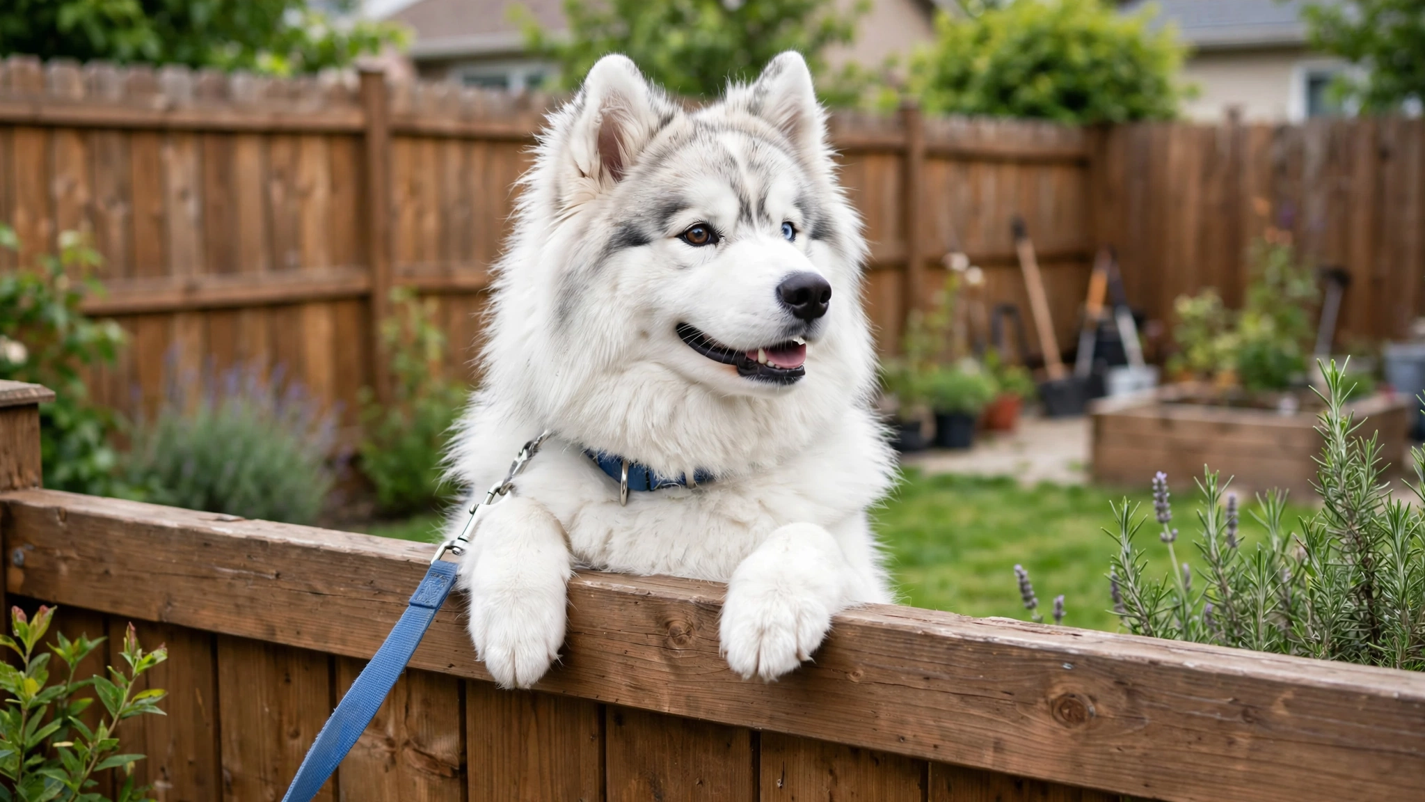 samoyed_husky_fence samoyed_husky_fence