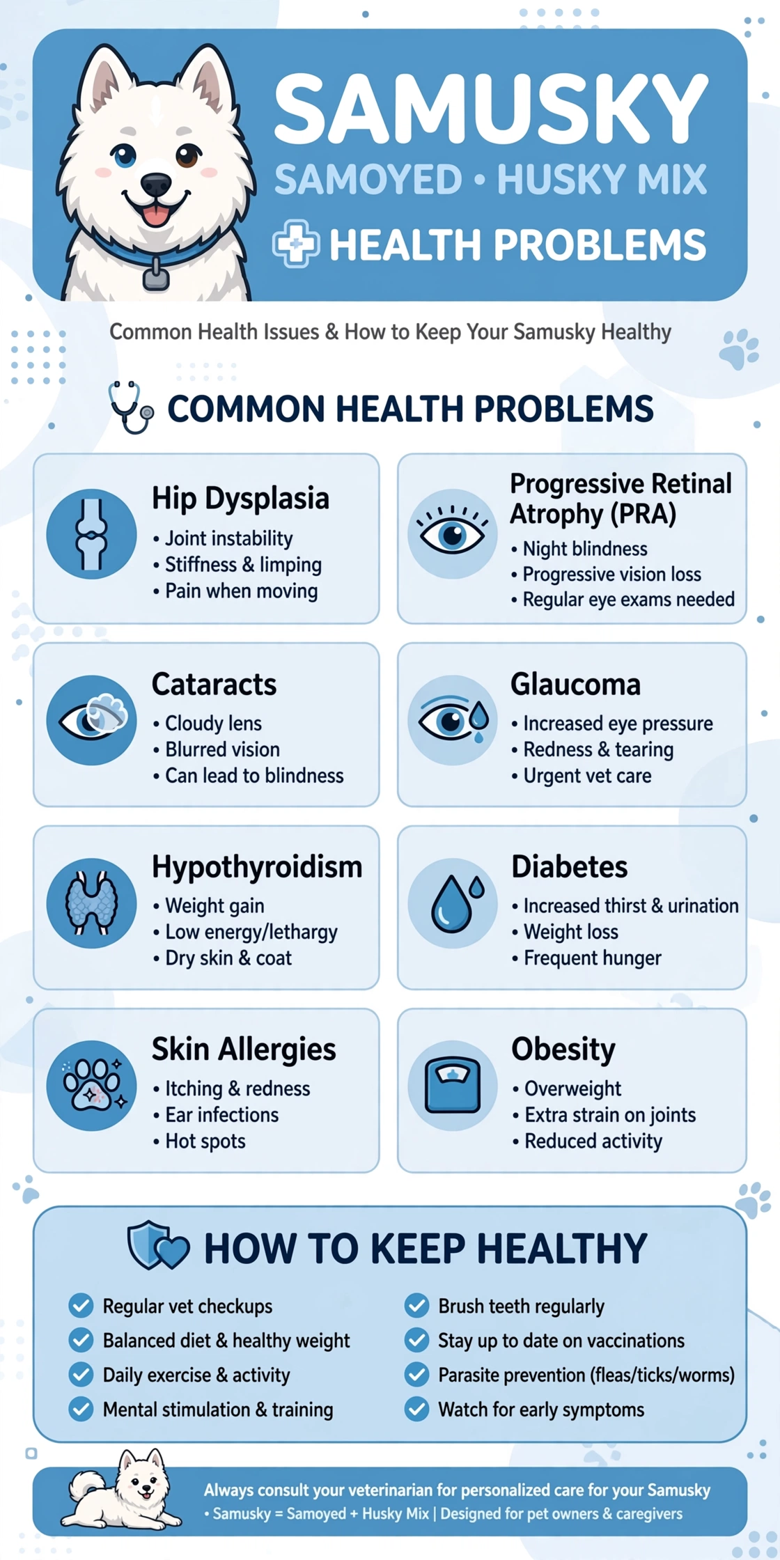 samusky_health_infographic ## Samoyed Husky Mix Health Problems</p>
<p>The **Samoyed Husky Mix** is generally considered a healthy and active dog. However, like all mixed breeds, a Samusky may inherit certain health conditions associated with its Samoyed or Siberian Husky parent. While many Samuskies enjoy long, healthy lives, regular veterinary checkups, a balanced diet, routine exercise, and responsible breeding practices can help reduce the risk of inherited health issues.</p>
<p>Below are some of the more common health concerns that may affect a Samoyed Husky Mix.</p>
<p>### Hip Dysplasia</p>
<p>Hip dysplasia is a condition in which the hip joint does not develop properly, leading to joint instability and, over time, arthritis. Affected dogs may show signs such as stiffness, difficulty standing, limping, or reduced willingness to exercise. Maintaining a healthy weight and following your veterinarian's recommendations can help manage the condition.</p>
<p>### Progressive Retinal Atrophy (PRA)</p>
<p>Progressive Retinal Atrophy (PRA) is an inherited eye disease that gradually damages the retina and can eventually lead to vision loss. Early signs often include difficulty seeing in low light or at night. Although there is currently no cure, regular eye examinations can help detect the condition early.</p>
<p>### Cataracts</p>
<p>Some Samuskies may inherit a higher risk of developing cataracts. This condition causes the lens of the eye to become cloudy, which can affect vision. Mild cataracts may not significantly impact a dog's quality of life, while more advanced cases may require veterinary treatment or surgery.</p>
<p>### Glaucoma</p>
<p>Glaucoma occurs when pressure builds up inside the eye, potentially causing pain and permanent vision loss if left untreated. Symptoms may include redness, excessive tearing, squinting, or a swollen eye. Prompt veterinary care is important if glaucoma is suspected.</p>
<p>### Hypothyroidism</p>
<p>Hypothyroidism develops when the thyroid gland does not produce enough hormones. Dogs with this condition may experience weight gain, low energy levels, dry skin, hair loss, or recurring skin infections. Fortunately, hypothyroidism is usually manageable with lifelong medication prescribed by a veterinarian.</p>
<p>### Diabetes Mellitus</p>
<p>Although not common, some Samoyed Husky Mix dogs may develop diabetes. Signs include increased thirst, frequent urination, weight loss despite a normal appetite, and reduced energy levels. Early diagnosis and proper treatment can help affected dogs live comfortable lives.</p>
<p>### Skin Allergies</p>
<p>Some Samuskies may be prone to skin allergies or sensitivities that can cause itching, redness, excessive scratching, or recurring ear infections. Allergies may be triggered by environmental factors, parasites, or certain foods. A veterinarian can help identify the underlying cause and recommend an appropriate treatment plan.</p>
<p>### Obesity</p>
<p>A Samoyed Husky Mix that does not receive enough exercise or is consistently overfed may become overweight. Excess body weight places additional stress on the joints and increases the risk of several health conditions. Providing a balanced diet and regular daily exercise is one of the best ways to maintain a healthy body condition.</p>
<p>### How to Keep Your Samoyed Husky Mix Healthy</p>
<p>While genetics cannot be changed, good daily care can significantly improve your dog's overall health and quality of life. To help your Samusky stay healthy:</p>
<p>* Schedule regular veterinary checkups.<br />
* Feed a complete and balanced diet.<br />
* Maintain a healthy body weight.<br />
* Provide daily exercise and mental stimulation.<br />
* Brush the coat regularly and keep the skin clean.<br />
* Brush your dog's teeth several times each week.<br />
* Keep vaccinations and parasite prevention up to date.<br />
* Contact your veterinarian if you notice changes in appetite, behavior, vision, mobility, or energy levels.</p>
<p>With responsible care and early preventive healthcare, many **Samoyed Husky Mix** dogs live active, happy, and healthy lives for many years.<br />