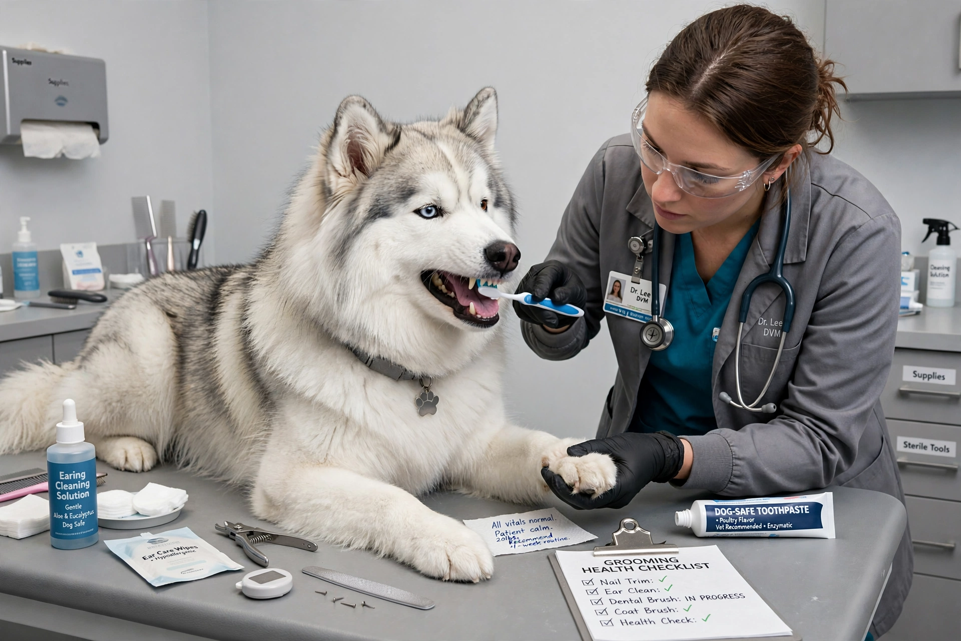 veterinarian_dental_brushing samoyed_husky_mix_dental_brushing