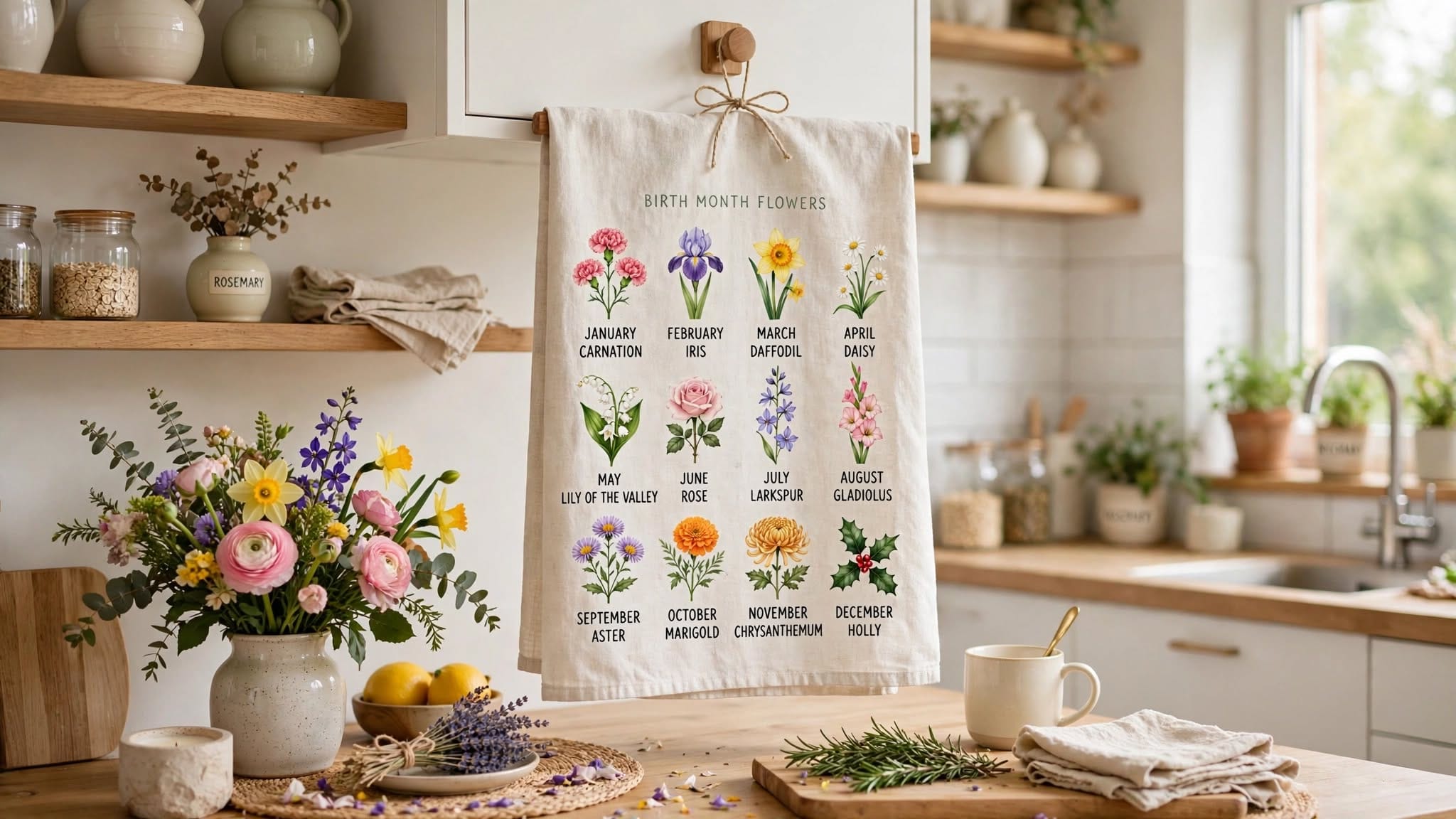 Birth month flower tea towel gift