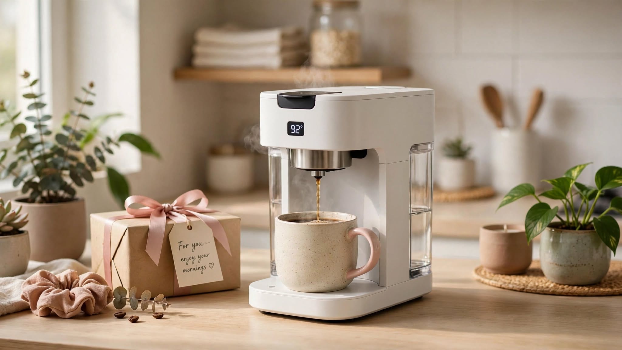 Compact coffee maker for a woman's kitchen
