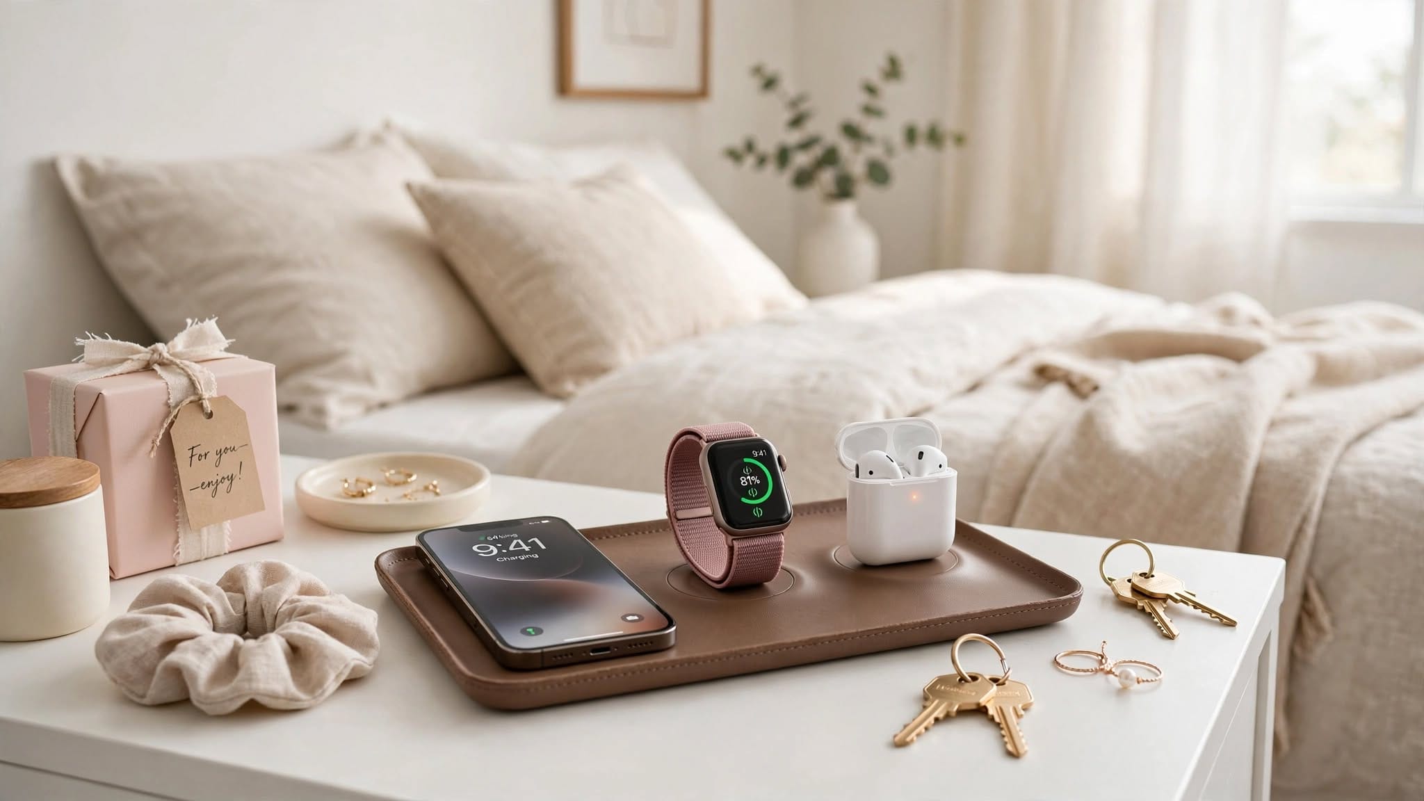 Wireless charging tray with smartphone and smartwatch