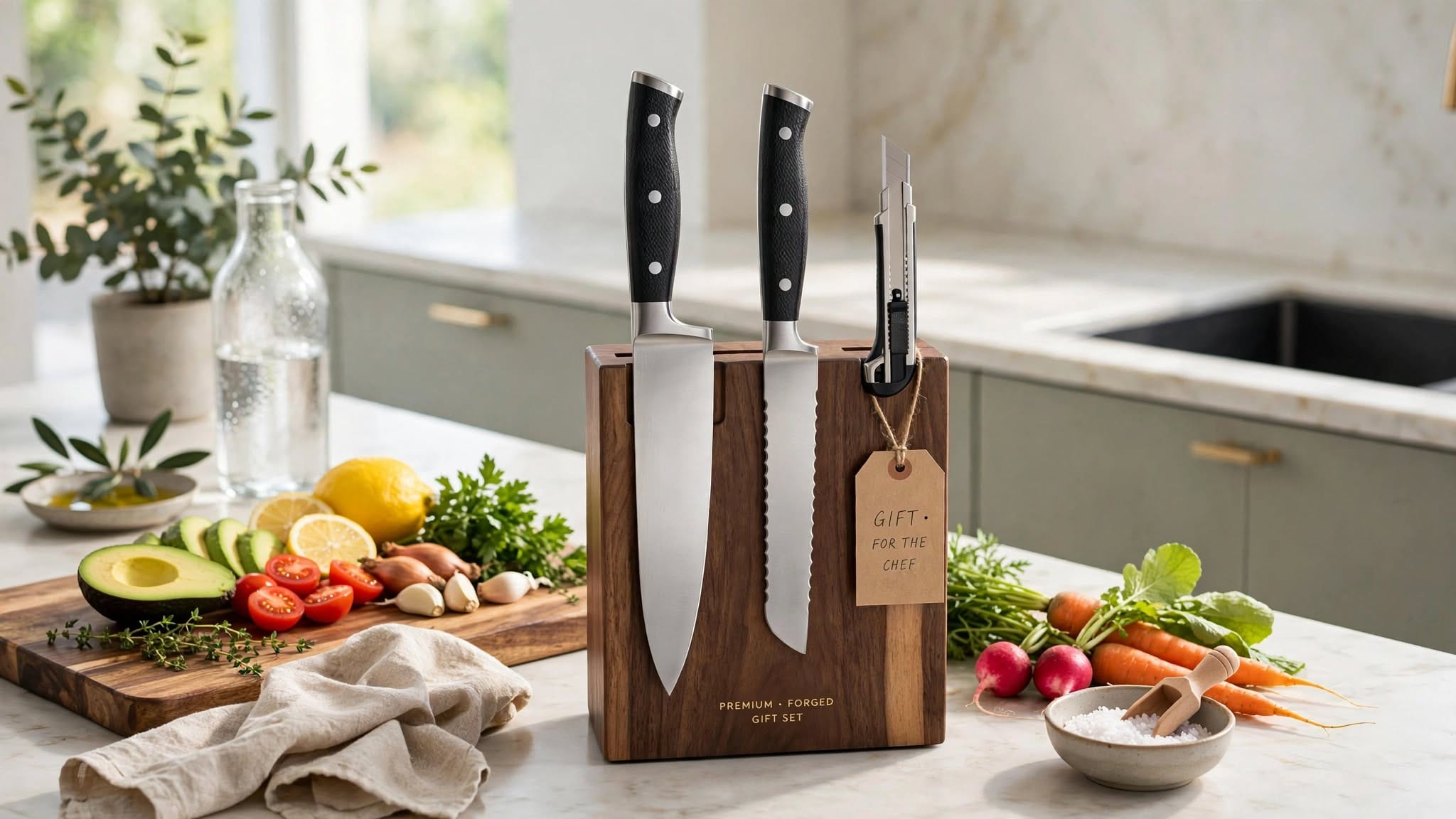 Stylish kitchen knife set with wooden storage block