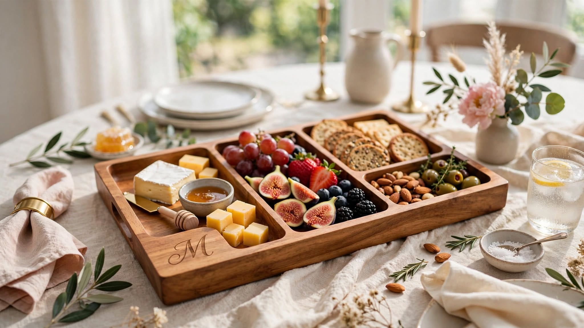 Personalized serving tray with snacks and drinks